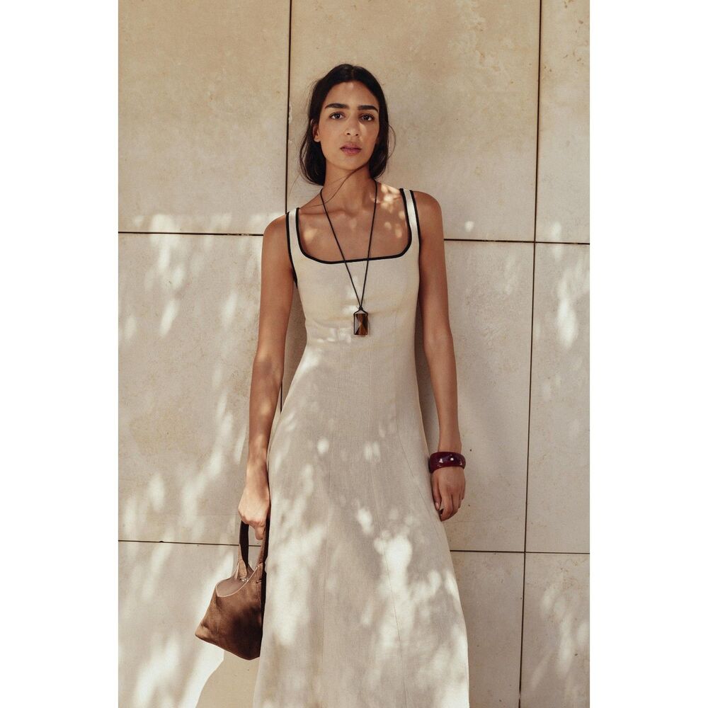 Zara Contrast Trim Midi Dress Light Beige L